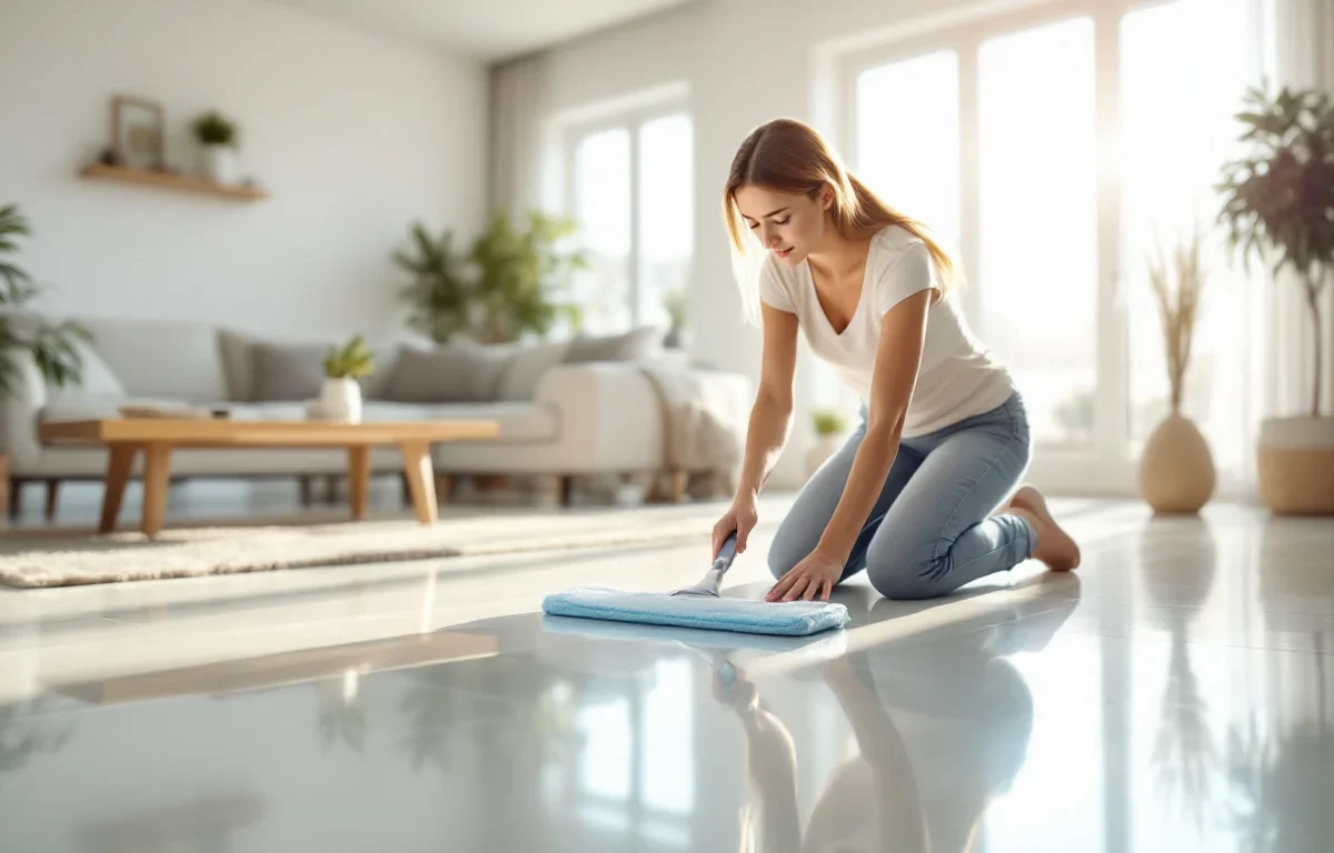 Nettoyage doux d’un sol en lino avec serpillière essorée sans traces