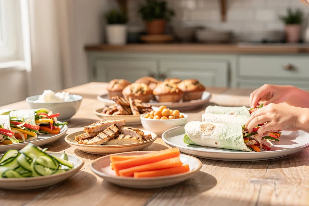 Recettes saines pour enfants préparées en famille avec légumes colorés, wraps et bols gourmands