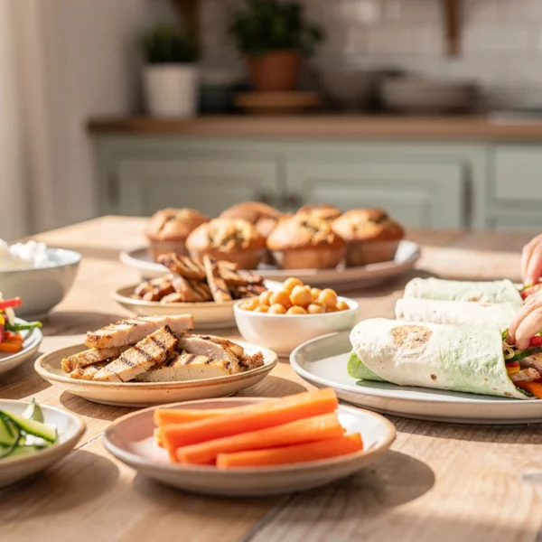 Recettes saines pour enfants préparées en famille avec légumes colorés, wraps et bols gourmands