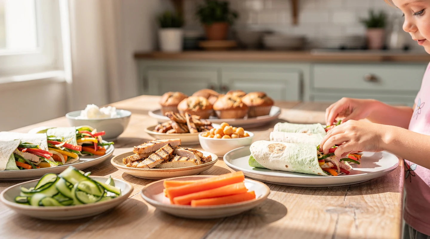 Recettes saines pour enfants préparées en famille avec légumes colorés, wraps et bols gourmands